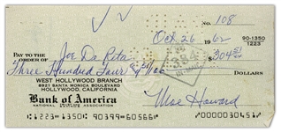Moe Howard Check Signed to Joe DeRita -- Endorsed by DeRita on Verso -- Dated 26 October 1962 -- Very Good Condition